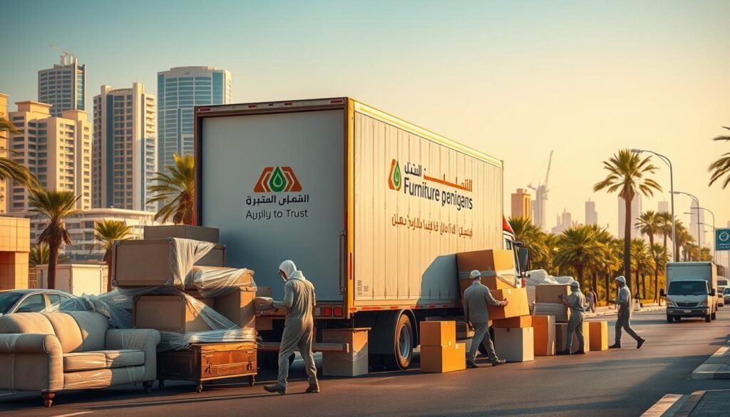 A bustling street in Jazan, Saudi Arabia, where a team of professional home furniture movers carefully load a truck with an array of household items. In the foreground, the movers meticulously wrap and secure sofas, armchairs, and dressers, ensuring a safe and damage-free transport. The middle ground features the company's logo and branding prominently displayed on the side of the truck, conveying a sense of reliability and expertise. In the background, the vibrant cityscape of Jazan unfolds, with towering buildings and lush greenery creating a picturesque setting. The scene is illuminated by warm, natural lighting, casting a welcoming and efficient atmosphere. The overall composition captures the seamless coordination and expertise of the furniture moving company, showcasing their commitment to providing exceptional service to the residents of Jazan. A bustling street in Jazan, Saudi Arabia, where a team of professional home furniture movers carefully load a truck with an array of household items. In the foreground, the movers meticulously wrap and secure sofas, armchairs, and dressers, ensuring a safe and damage-free transport. The middle ground features the company's logo and branding prominently displayed on the side of the truck, conveying a sense of reliability and expertise. In the background, the vibrant cityscape of Jazan unfolds, with towering buildings and lush greenery creating a picturesque setting. The scene is illuminated by warm, natural lighting, casting a welcoming and efficient atmosphere. The overall composition captures the seamless coordination and expertise of the furniture moving company, showcasing their commitment to providing exceptional service to the residents of Jazan.